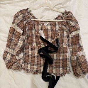 Urban Outfitters Brown Plaid Smocked Blouse